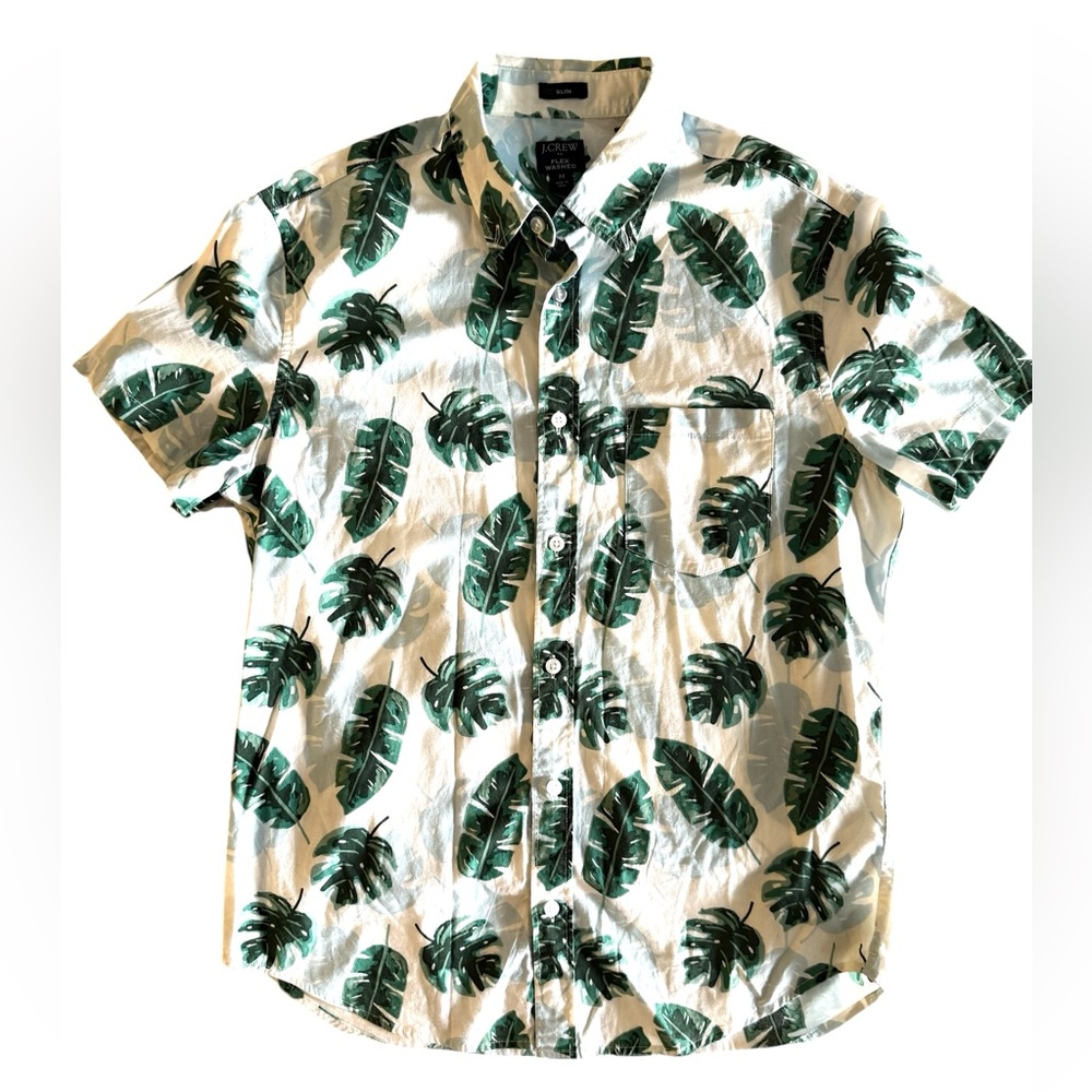 J.Crew Button Down Shirt Leaf Flex Washed Slim Fit Preppy White Green Summer M